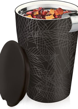 Tea Forte Double-Walled Ceramic Kati Cup, Removable Stainless Steel Infuser Basket and Lid, Steeps 12 oz Loose Leaf Tea, Dishwasher & Microwave Safe, Noir