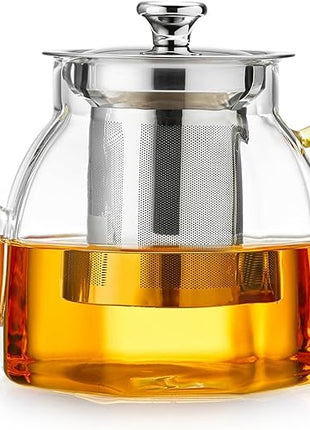 Glass Tea Pot with Stainless Steel Infuser and Lid (Octagonal), Clear Glass Teapot, Borosilicate Hydrochloric Glass Heat Resistant, Fine Glass Filter for Flower Tea, Tea Bags (27 oz / 800 ml)
