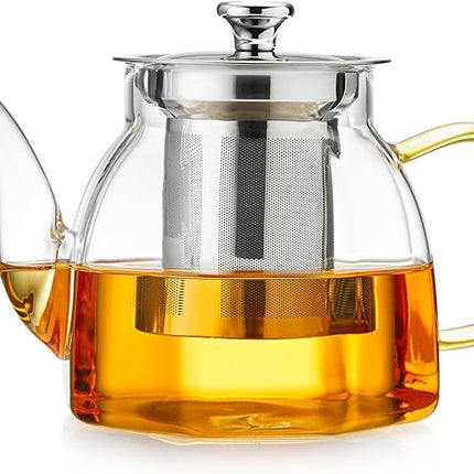 Glass Tea Pot with Stainless Steel Infuser and Lid (Octagonal), Clear Glass Teapot, Borosilicate Hydrochloric Glass Heat Resistant, Fine Glass Filter for Flower Tea, Tea Bags (27 oz / 800 ml)