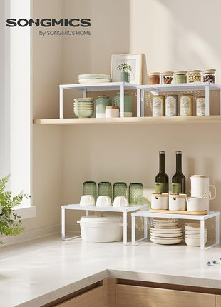 SONGMICS Spice Racks, Set of 2 Metal Cabinet Shelf Organizers, Countertop Organizers, Shelf Risers, Stackable, Expandable, White UKCS01WT