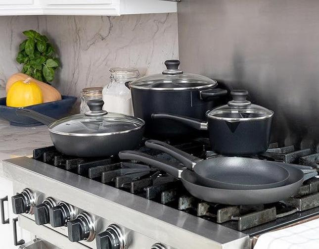 Scanpan Classic 10 Piece Cookware Set – Compatible with Gas and Electric Stovetops, Metal Utensil Safe, Oven Safe to 500°F, Dishwasher Safe, Black