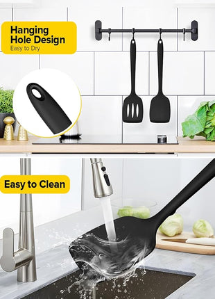 Pack of 2 Silicone Spatula Turners, Non Stick Slotted Kitchen Spatula Set, Heat Resistant BPA Free Kitchen Utensils, One-Piece Design, Suitable for Flipping Fish, Eggs, Steak, Pancakes(BLACK)