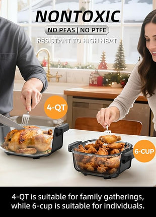 5-in-1 Portable Glass Air Fryer - 4QT & 6-Cup Non-Toxic Glass Containers with Lids, Silicone Mat, 1500W Small Air Fryer, 90% Less Oil, Dishwasher/Freezer Safe for Single Servings, Family Meals