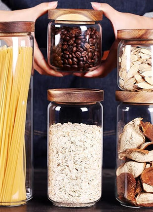 SAIOOL Set of 5 Kitchen Canisters,Thick, Stackable, Natural Style,Cookie, Rice and Spice Jars - Sugar or Flour Container - Big and Small Airtight Food Jar for Pantry