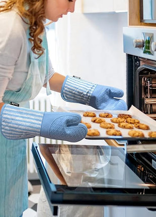 Silicone Oven Mitts Heat Resistant 932℉ with Waterproof & Non-Slip Kitchen Mittens, Set of 2 Extra Long Oven Gloves with Soft Cotton Terry Lining for Baking Cooking Barbecue (2, Blue Mitts)