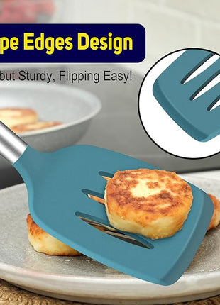 HOTEC Silicone Spatula Set of 2 Heat-Resistant 600°F & BPA-Free Kitchen SaptulaTurner with Stainless Steel Handles, Slotted & Solid Spatulas for Nonstick Cookware, 13.7 Inch, Blue