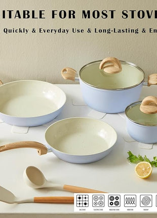 Blue Non Stick Pots and Pans Set, Healthy Ceramic Cookware Set, 12pcs Kitchen Cooking Pots and Frying Sauce Saute Pans Set, PFAS-Free with Kitchen Utensils and Lid