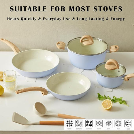 Blue Non Stick Pots and Pans Set, Healthy Ceramic Cookware Set, 12pcs Kitchen Cooking Pots and Frying Sauce Saute Pans Set, PFAS-Free with Kitchen Utensils and Lid