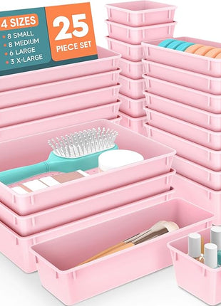 WOWBOX 25 PCS Plastic Drawer Organizer Set, 4 Sizes Desk Drawer Divider Organizers and Storage Bins for Makeup, Jewelry, Gadgets for Kitchen, Bedroom, Bathroom, Office, Pink