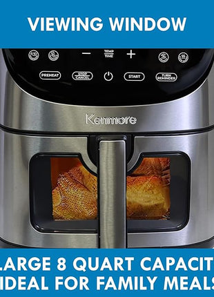 Kenmore 8 Quart Air Fryer - Aerogrill, Non-Stick Frying Basket, French Fry, Digital Touch Screen, 12 Presets, Freidora Eléctrica, Countertop Cooking Kitchen Appliance, Stainless Steel, Black