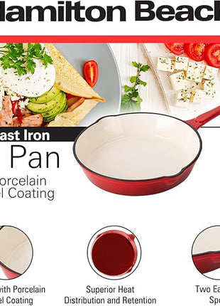 Hamilton Beach Enameled Cast Iron Fry Pan 8-Inch Red, Cream Enamel coating, Skillet Pan For Stove top and Oven, Even Heat Distribution, Safe Up to 400 Degrees, Durable