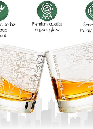 Greenline Goods Whiskey Glasses - 10 Oz Tumbler Gift Set for Tampa lovers, Etched with Tampa Map Old Fashioned Rocks Glass - Set of 2