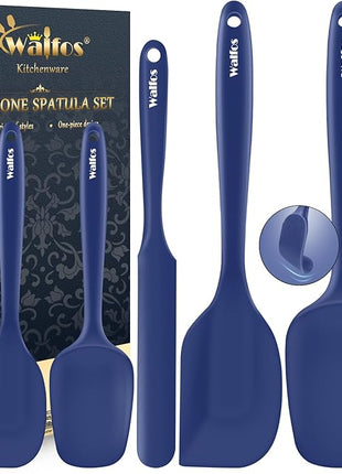 Walfos Silicone Spatula Set (5pcs) - 600℉ High Heat Resistant Kitchen Spoon Navy Blue Spatulas for Cooking Mixing & Baking, Strong Steel Core and One-Pieces Seamless Design, BPA Free Dishwasher Safe