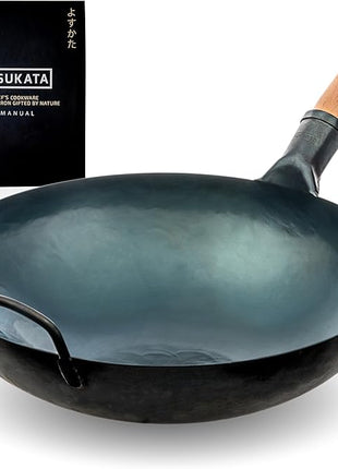 YOSUKATA 14” Round Bottom Carbon Steel Wok Pan – Blue Pre-Seasoned Pow Wok for Stir Fry, BBQ & Camping – Traditional Japanese & Chinese Cookware – Compatible with Gas Stoves & Open Fire Only