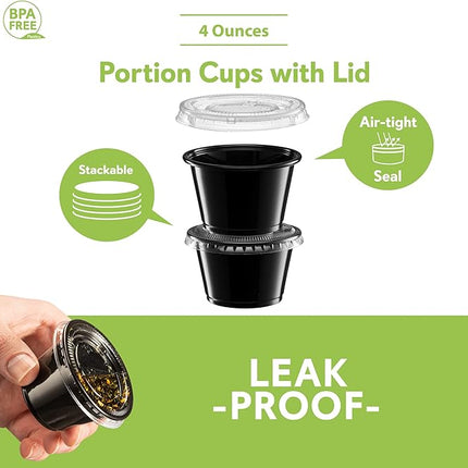 (4 oz - 100 Sets) Black Diposable Plastic Portion Cups With Lids, Small Mini Containers For Portion Controll, Jello Shots, Meal Prep, Sauce Cups, Condiments, Medicine, Dressings,