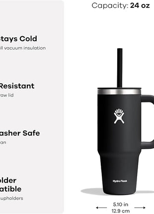 Hydro Flask Travel Tumbler with Handle, Lid and Straw - Insulated Stainless Steel in 24 Oz Aloe