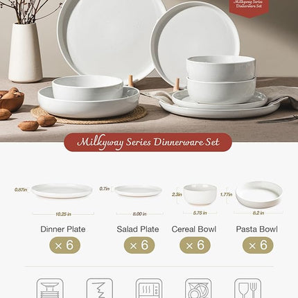 Famiware Milkyway Stoneware Dinnerware Sets with Pasta Bowls, Service for 6 (24 Pieces), Plates and Bowls Sets -Scratch Resistant, Microwave and Dishwasher Safe Dishes Set, White