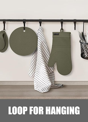 Rorecay 6pcs Oven Mitts and Pot Holders Sets for Kitchen, Extra Long Silicone Oven Gloves Heat Resistant 500 Degrees Non-Slip Potholders Hot Pads for Baking Cooking, Forest Night