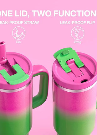 40 oz Tumbler with Handle and Straw: Stainless Steel Insulated Tumbler Keeps Cold for 24 Hours, Leakproof Travel Cup Fits in Cup Holder and BPA-Free, Fuchsia
