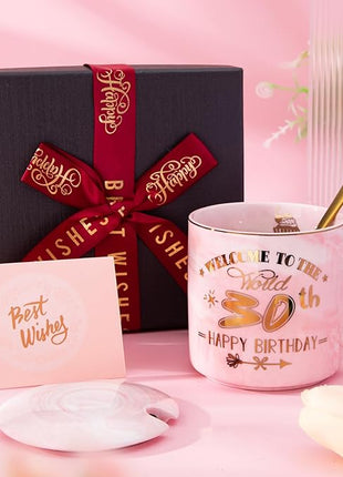 30th Birthday Gifts for Women, Unique Happy 30 Year Old Birthday Gifts Ideas for Women, Wife, Mom, Daughter, Sister, Aunt, Best Friends, BFF, 14Oz Fabulous Pink Marble Mug with Gold Pattern, Gift Box