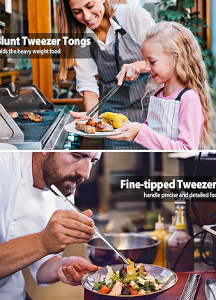 2 Pcs 12-inch Cooking Tweezers Tongs Precision Serrated Tips, Stainless Steel Professional Chef Tweezer Kitchen Tools for BBQ, Plating and Serving（Silver）