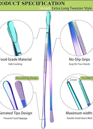 JETKONG 2 Pcs 14-Inch Culinary Tweezers Extra Long Food Tweezers Kitchen Tweezer Tongs for Cooking Grilling and BBQ (Rainbow)