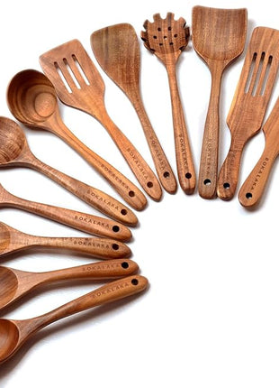 12 Pack Wooden Spoons for Cooking - Natural Teak Kitchen Utensils Set with Spatulas