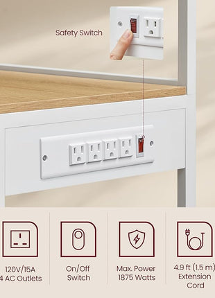 VASAGLE Bakers Rack with Power Outlet, 35.4 Inches Microwave Stand, Coffee Bar, 4 AC Outlets, with Adjustable Shelves, 8 S-Hooks, Basket, Spice Racks, Golden Oak and Cloud White UKKS031Y09