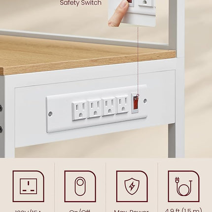 VASAGLE Bakers Rack with Power Outlet, 35.4 Inches Microwave Stand, Coffee Bar, 4 AC Outlets, with Adjustable Shelves, 8 S-Hooks, Basket, Spice Racks, Golden Oak and Cloud White UKKS031Y09