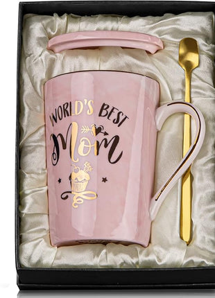 Birthday Gifts for Mom from Daughter Son Kids - Funny Birthday Gift Ideas for Mothers Wife Women - 14Oz Marble Ceramic Best Mom Coffee Mug with Lid Spoon Card, Box, Unique Moms Cup Gifts-Boxed Set