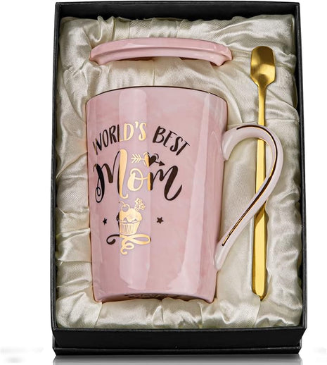 Birthday Gifts for Mom from Daughter Son Kids - Funny Birthday Gift Ideas for Mothers Wife Women - 14Oz Marble Ceramic Best Mom Coffee Mug with Lid Spoon Card, Box, Unique Moms Cup Gifts-Boxed Set