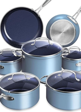 Nuwave Healthy Duralon Blue Ceramic Nonstick Cookware Set, Diamond Infused Scratch-Resistant, PFAS Free, Dishwasher & Oven Safe, Induction Ready & Evenly Heats, Tempered Glass Lids & Stay-Cool Handles