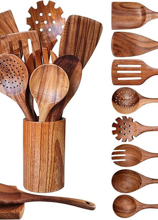 Wooden Spoons for Cooking 10 Pieces Set, Kitchen Utensils Spatula, Wooden Cooking Utensils Spoons, with Spoon Rest, Strainer Spoon, Pasta server, Fried Spatula and Salad Fork, Utensil Holder