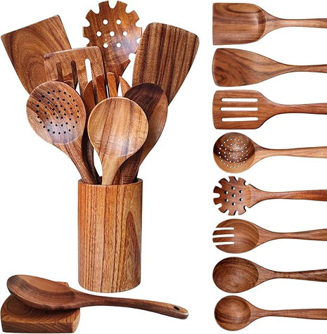 Wooden Spoons for Cooking 10 Pieces Set, Kitchen Utensils Spatula, Wooden Cooking Utensils Spoons, with Spoon Rest, Strainer Spoon, Pasta server, Fried Spatula and Salad Fork, Utensil Holder