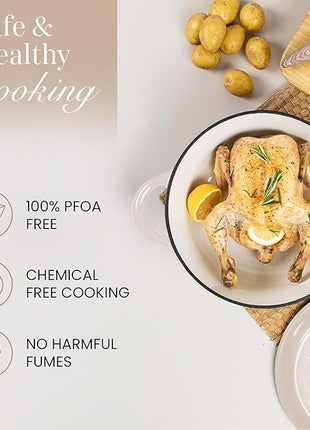 Nuovva Enamelled Cast Iron Dutch Oven Pot with Lid 6.4 Quart Non Stick Casserole Pot – Heavy Duty & Oven Safe up to 500° F for Bread Baking, Braising, Stews, Roasting – 28cm Oyster