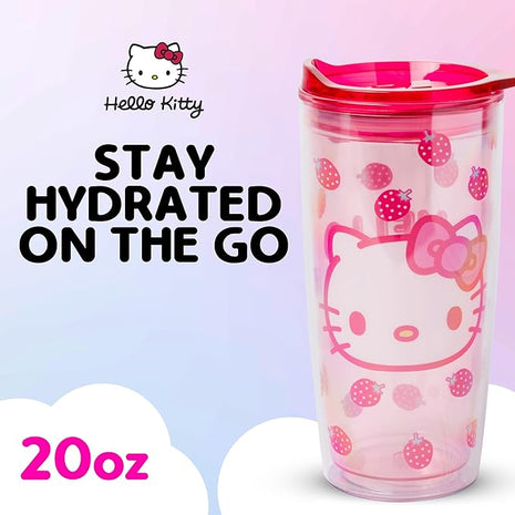 Silver Buffalo Sanrio Hello Kitty Strawberry Double Wall Travel Tumbler with Slide Close Lid, 20 Ounces