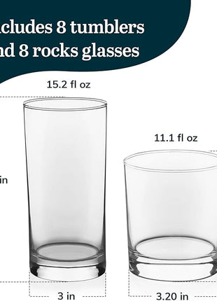 Libbey Province Tumbler and Rocks Glass Set, Elegant Drinkware Glasses Set of 16, Tall Drinking Glasses for Everyday Use or Any Special Occasion