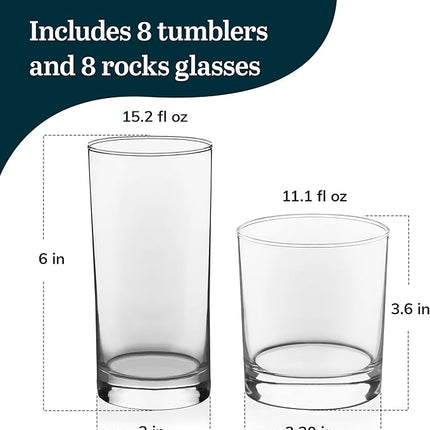 Libbey Province Tumbler and Rocks Glass Set, Elegant Drinkware Glasses Set of 16, Tall Drinking Glasses for Everyday Use or Any Special Occasion