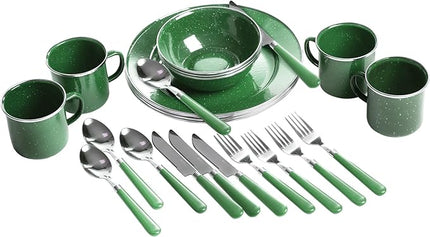 Stansport Deluxe 24-Piece Enamel Tableware Set - Enamel Plates and Bowls Lightweight and Durable Camp Dish Set for Camping and Backpacking Plates and Bowls for 4 People