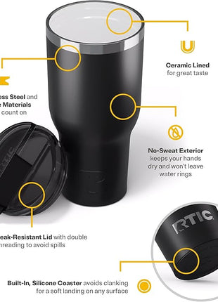 RTIC 40oz Essential Tumbler with Lid, Ceramic Lined, Insulated, Stainless Steel, Metal, Double Wall Vacuum-Insulation, Travel Cup for Iced Coffee, Tea, Hot and Cold Drink, Black