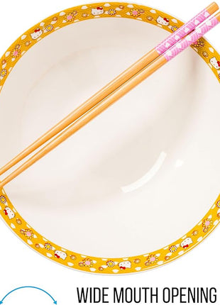 Silver Buffalo Sanrio Hello Kitty Pink and Gold Japanese Pattern with Flowers Ceramic Ramen Noodle Rice Bowl with Chopsticks, Microwave Safe, 30 Ounces