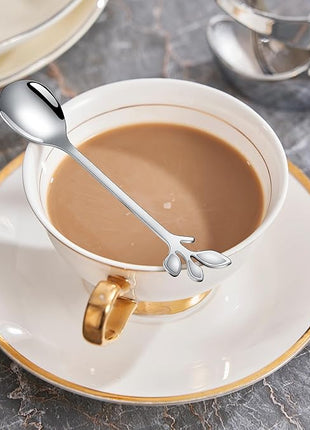 AnSaw Silver Small Coffee Spoon Holder Set,Swan Base With 10 Pcs Demitasse Espresso Spoons Set,4.7" Mini Leaf Dessert Spoon,Stainless Steel Tea Spoons