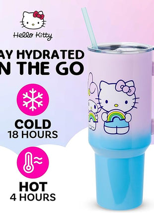 Silver Buffalo Sanrio Hello Kitty and Friends Featuring My Melody, Kuromi, and Pompompurin Rainbow Ombre Stainless Steel Tumbler with Handle and Straw, Fits in Standard Cup Holder, 40 Ounces