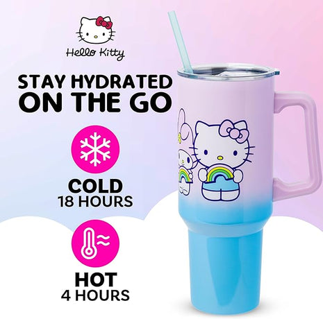 Silver Buffalo Sanrio Hello Kitty and Friends Featuring My Melody, Kuromi, and Pompompurin Rainbow Ombre Stainless Steel Tumbler with Handle and Straw, Fits in Standard Cup Holder, 40 Ounces