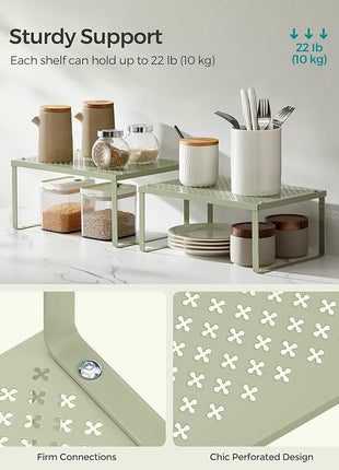 SONGMICS Spice Racks, Set of 4 Metal Cabinet Shelf Organizers, Countertop Organizers, Shelf Risers, Stackable, Expandable, Sage Green UKCS006C01