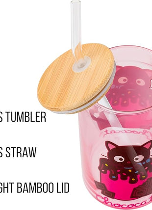 Silver Buffalo Sanrio Hello Kitty & Friends Chococat Chocolate Pink Glass Jar Tumbler with Bamboo Lid and Glass Straw, 16 Ounces
