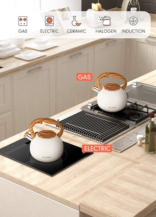 BELANKO 2.7 Quart Tea Kettle for Stovetop - Food Grade Stainless Steel with Diamond Texture, Designer Teapot Look, Cool-Touch Wood Pattern Handle, Whistling Spout - Milk White