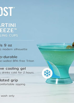 Host Freeze Insulated Martini Cooling Cups, Plastic Freezer Gel Chiller Double Wall Stemless Cocktail Glass Set of 2 9oz, Tinted Aqua Blue, Green