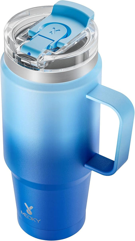 Meoky 32oz Tumbler with Handle, Stainless Steel Travel Mug with 2-in-1 Straw and Sip Lid, Vacuum Insulated Coffee Mug, 100% Leak Proof, Keeps Cold for 24 Hours or Hot for 8 Hours (Sky)