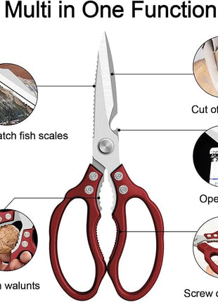 CGBE Kitchen Scissors All Purpose Heavy Duty, Ultra Sharp Stainless Steel Kitchen Shears Dishwasher Safe, Cooking Shears for Chicken, Poultry, Fish, Meat, Herbs & Grapes with Non-Slip Grips (Red)